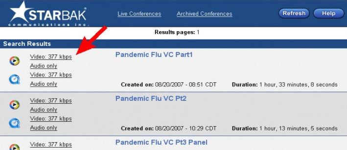 the search results page; the first result is the Windows Media version with a link to audio only below it. The second link is the QuikcTime video link, with a link to audio only below it.